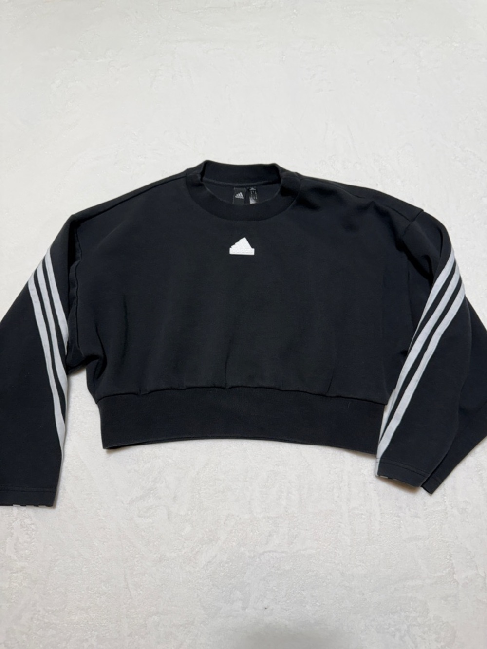 adidas Black Cropped Crewneck Sweatshirt with White Sleeve Stripes